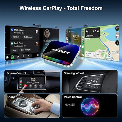 Magic AI Box, Wireless CarPlay Android Auto Adapter with Net-Flix YouTube TikTok, Built-in Play Store and Screen Mirroring, Plug and Play Video Adapter for OEM Factory Wired CarPlay Vehicles