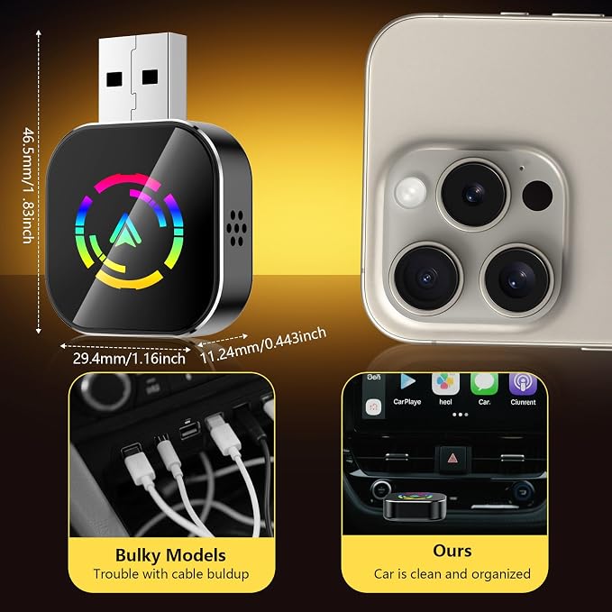 Wireless Carplay Adapter for iPhone,Carplay Wireless Adapter for Car with Wired CarPlay,Mini Compact Design with USB/Type-C Port,Plug and Play,Stable Connection & No Delay-Black