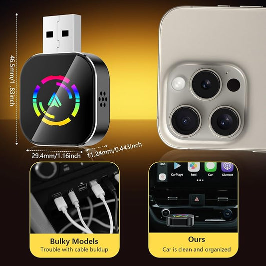 Wireless Carplay Adapter for iPhone,Carplay Wireless Adapter for Car with Wired CarPlay,Mini Compact Design with USB/Type-C Port,Plug and Play,Stable Connection & No Delay-Black