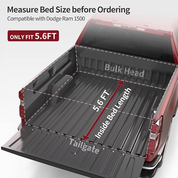 oEdRo Soft Quad Fold Truck Bed Tonneau Cover Compatible with 2009-2026 Dodge Ram 1500 (Inclu. Classic & New), Fleetside 5.6 Ft Bed w/o Ram Box