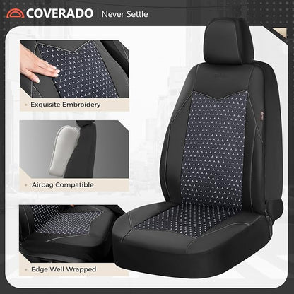 Coverado Front Seat Covers, Breathable Mesh & Leather Car Seat Protectors, Black Driver Seat Cover, Car Seat Cushions, Universal Automotive Seat Covers Fit for Most Sedans SUV Truck, Black