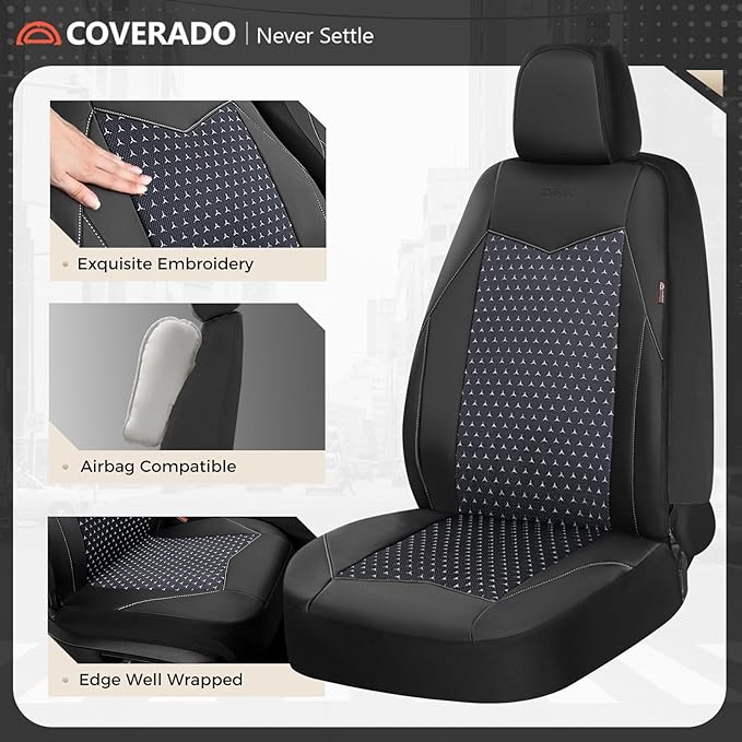 Coverado Car Seat Covers 5 Seats, PU Leather Seat Covers Fullset, Printed Breathable Mesh Design, Front and Rear Car Seat Protectors, Luxury Automotive Seat Covers Universal Fit for Most Cars, Black