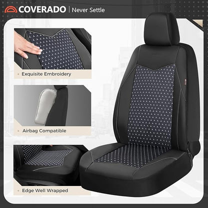 Coverado Car Seat Covers 5 Seats, PU Leather Seat Covers Fullset, Printed Breathable Mesh Design, Front and Rear Car Seat Protectors, Luxury Automotive Seat Covers Universal Fit for Most Cars, Black