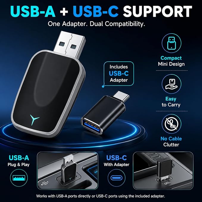 Mini Wireless CarPlay Adapter, Plug & Play Dongle, Low Latency & Stable Connection, Convert Wired to Wireless CarPlay, USB-A/C Compatible, for iPhone iOS 10+ & 2016+ Cars