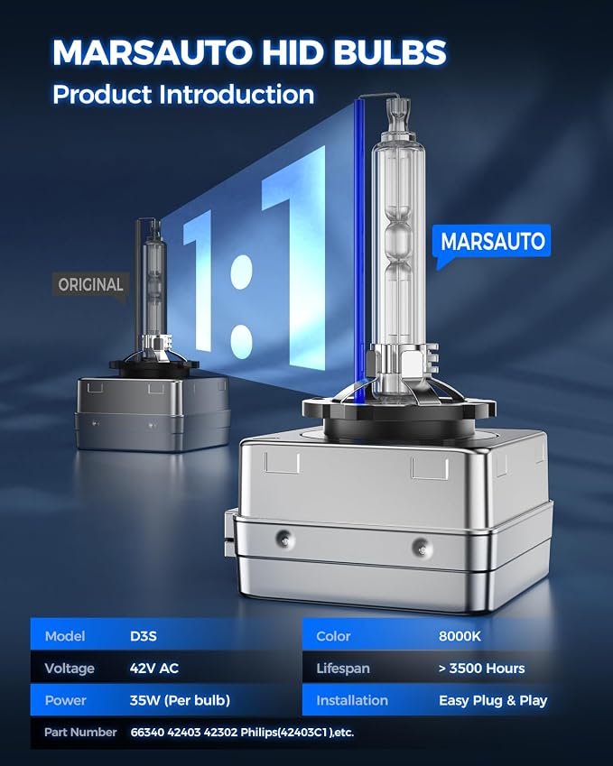 Marsauto D3S HID Bulbs, 66340 42403 42302 35W Xenon Bulb, D3S 8000K White Blue, Up to 500% Brightness, Pack of 2