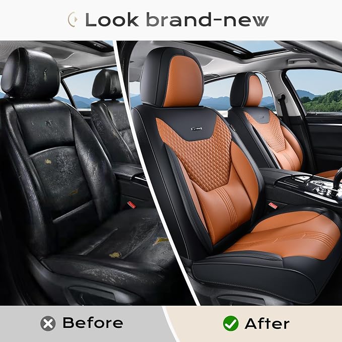 Coverado Car Seat Covers Full Set, Front Seat Covers with Lumbar Support and Back Seat Cover Waterproof Leather Automotive Seat Cover, Universal Car Interior Protectors Cushion for Most Cars