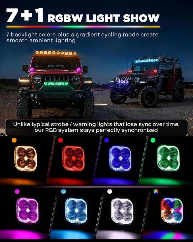 Auxbeam Color Play Series RGB 3-Inch LED Off-Road Lights Cube Pods | RGBW 7-color backlight with gradient cycle, Color changing ambient offroad lighting, 116W 12960LM flood beam ditch lights