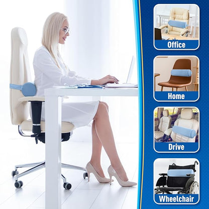 Lumbar Roll Support Pillow for Office Chair, Car, Gaming Chair, Memory Foam Back Cushion with Washable Cover for Relieving Back Pain & Improving Posture, Large,Light Blue