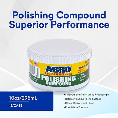 ABRO Polishing Compound 10 oz — Fine Cut Car Polish & Scratch Remover for Vehicles, Oxidized Paint, Swirl Marks, Scuffs, Dull Finish, Buffing & High-Gloss Auto Detailing