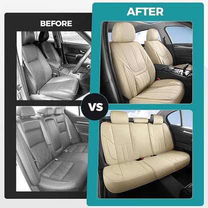 Car Seat Covers Full Set - Universal Seat Covers for Cars SUV Truck – Faux Leather Automotive Seat Covers, Breathable & Waterproof Front and Rear Seat Protectors, Fit for Most Cars-Beige