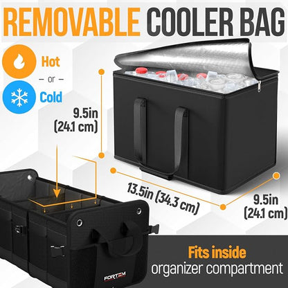 FORTEM Trunk Organizer with Cooler For SUV Car Organizer and Storage, Collapsible Multi-Compartment, Perfect Christmas Gifts For Men, Women, 1680D Oxford, Non Slip Bottom, Straps, Soft Cover 110L