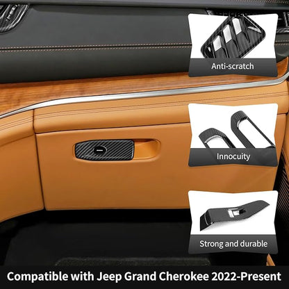 18PCS Carbon Fiber Interior Trim Panel Kits Fit for 2022-2026 Jeep Grand Cherokee Interior Decor Accessories Center Console Dashboard Window Lifter Headlight Switch AC Control Steering Button Frame