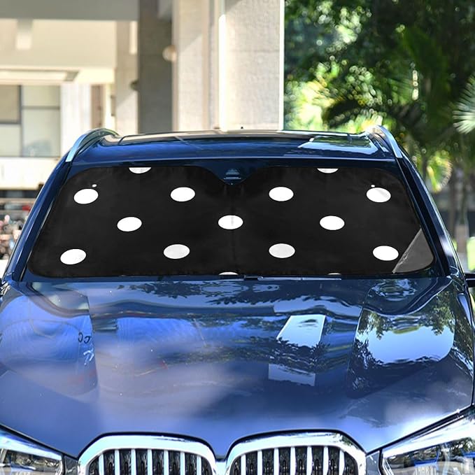 Cars Front Sun Shade Windshield,Foldable Reflective Sun Visor Black Background White Polka Dots Pattern Windshield Sunshade Cover,Blocks UV Ray Sun Protect Interior Keep Cool,53" x 23.5 "