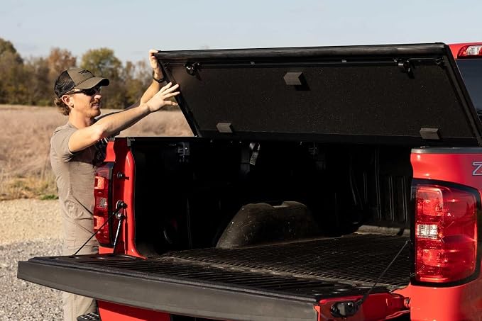 Rough Country Hard Tri-Fold Truck Bed Tonneau Cover for Chevy Silverado & GMC 1500/2500HD/3500HD (2014-2019) - Aluminum Flip-Up Bed Cover, Fits 6'7 (78.8-78.9") Bed w/Rail Caps