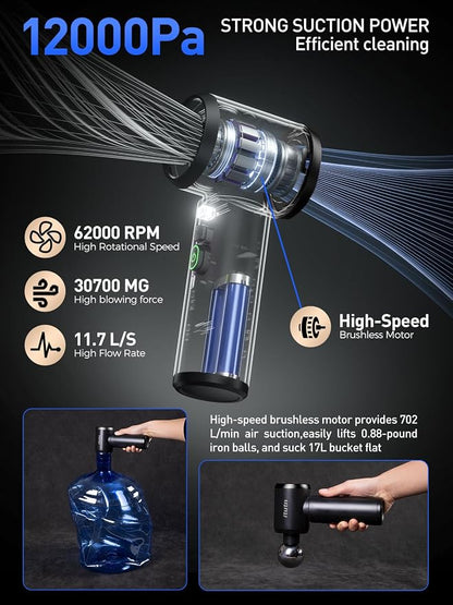 Mini Car Vacuum Portable Cordless with LED Light, 12000PA Powerful Suction, 80W High Power, Dual Hepa Filter, Car Vacuum Cleaner & Air Duster for Home, Desk, PC, Keyboard