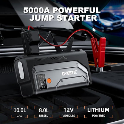 Car Jump Starter 5000A, Jump Starter Portable Battery Pack for 10.0L Gas and 8.0L Diesel Engines, 12V Lithium Jumper Box, Car Starter Booster with Power Bank, LED Light, Jumper Cable