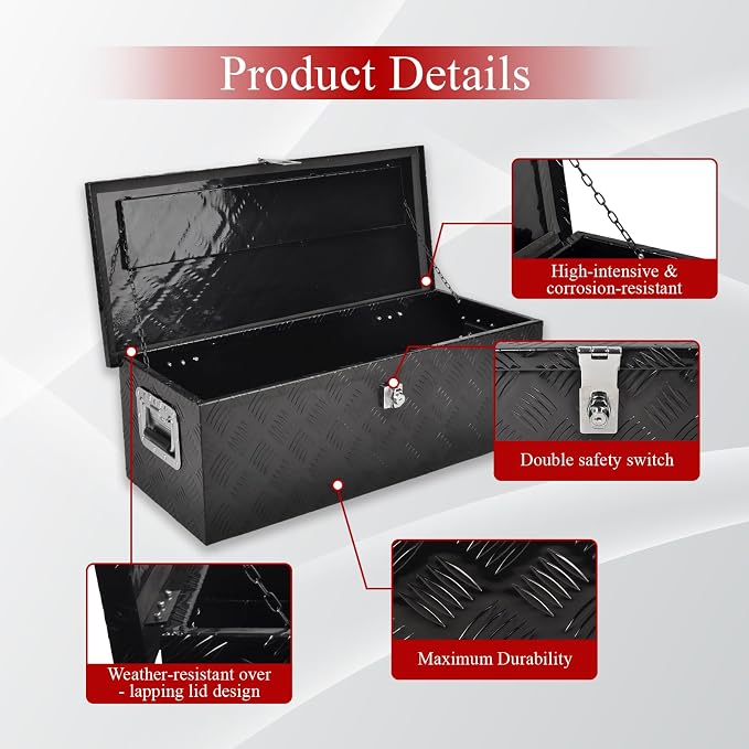 30''Inch Aluminum Truck Tool Box Truck Bed Toolbox Truck Trailer Chest Box Underbody Storage Organizer Waterproof Square Storage Organizer w/Side Handle Lock & Keys Black(‎30" Lx13 Wx10 H)