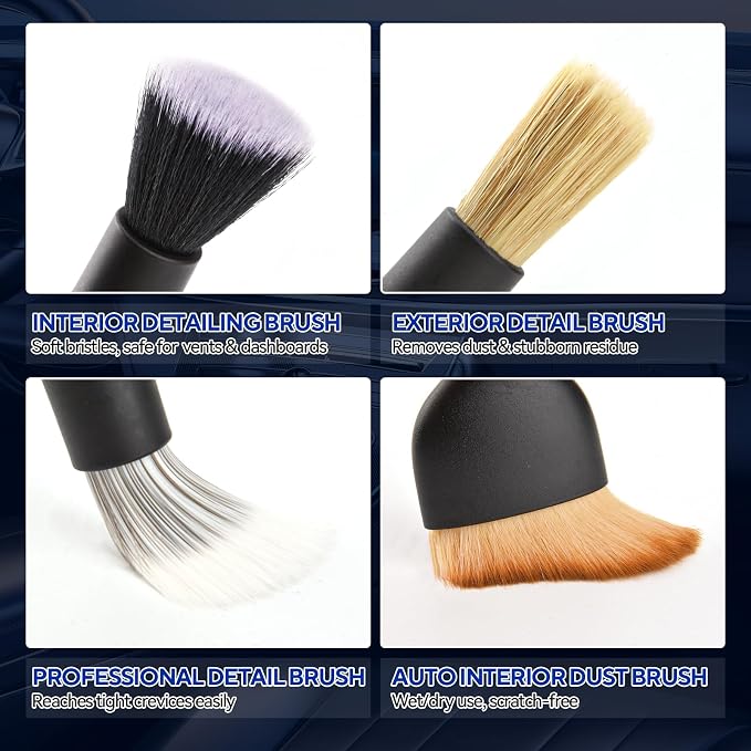 7PCS Car Detailing Brush Kit - Ultra Soft Boars Hair Car Interior Detailing Brushes, Includes 4 Different Brushes, Multi-use for Cleaning Interior or Exterior - Perfect Car Accessory Gift