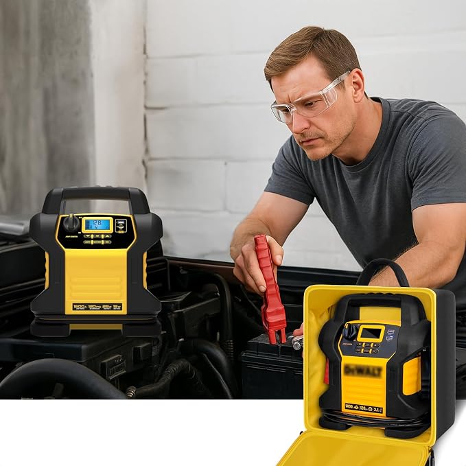 Car Jumper Starter Storage Bag Compatible with DEWALT DXAEJ14 Digital Portable Power Station Air Compressor, Carrying Case Holder Container (Black with Yellow Inner Case Only)