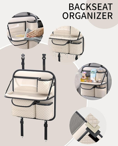PU Leather Backseat Car Organizer with Tray, Cup Holder, Tablet Pocket & Tissue Holder, Back Seat Car Organizer for Kids and Women, Universal Car Seat Storage Organizer (Beige)