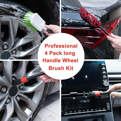 4 Pack Car Wash Brush Wheel Cleaning Woolies Brush Detailing Brush and Stiff Tire Brush Tires Wheel Brushes for Cleaning Wheels for Wheels, Rims, Carpet, Truck, SUV, Moto, RV, Motorcycle