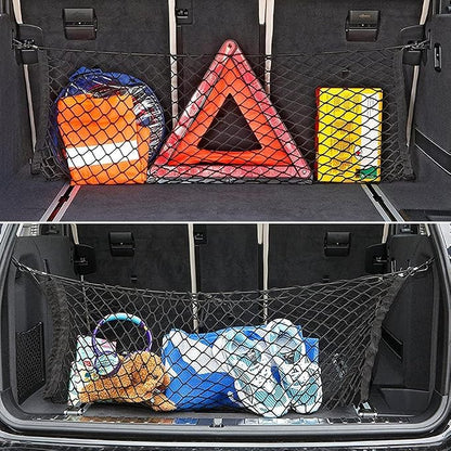 Car Rear Cargo Net, Universal Adjustable Elastic Trunk Cargo Storage Organizer Net Compatible for SUV, Jeep, Truck, Storage Nylon Mesh Double-Layer with Hooks (35.4 x 15.7 Inch)
