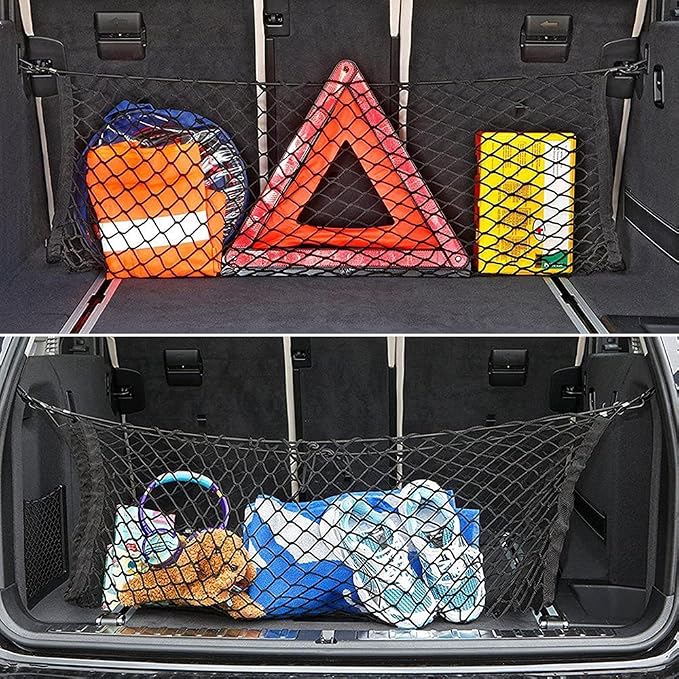 Car Rear Cargo Net, Universal Adjustable Elastic Trunk Cargo Storage Organizer Net, Double-Layer Storage Nylon Mesh Compatible for SUV, Jeep, Truck（43.3 x 15.7in）