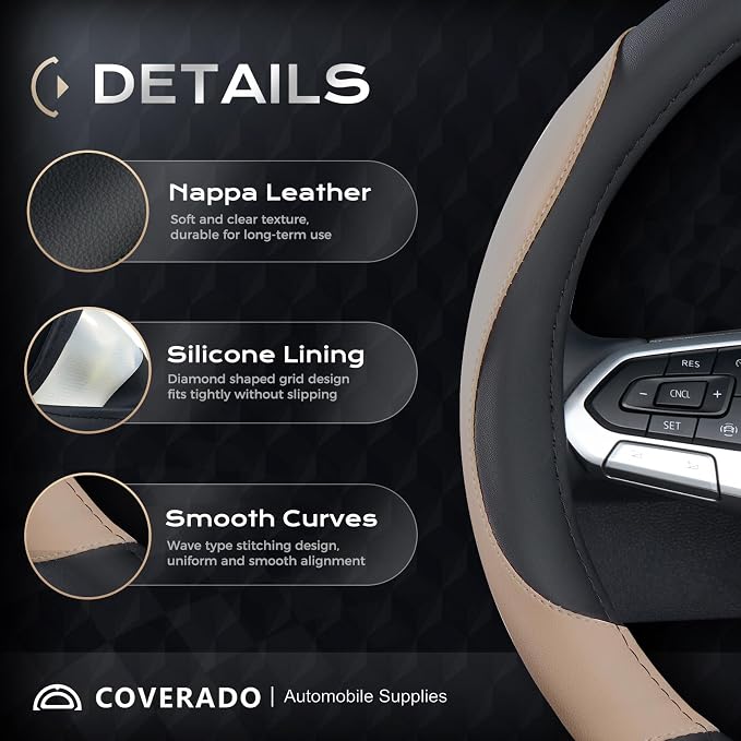 Coverado Nappa Leather Steering Wheel Cover Universal 14-15 Inch Anti-Slip Breathable Steering Wheel Protector Luxury Auto Decor for Men Women Black Brown