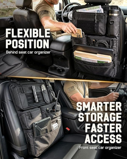 All in One Car Seat Back Organizer, Heavy Duty Molle Panel Seat Back Protector with Multi-Pockets Storage for Tools, Camping, Travel, Fit Most Cars SUV Trucks Jeeps Pickups