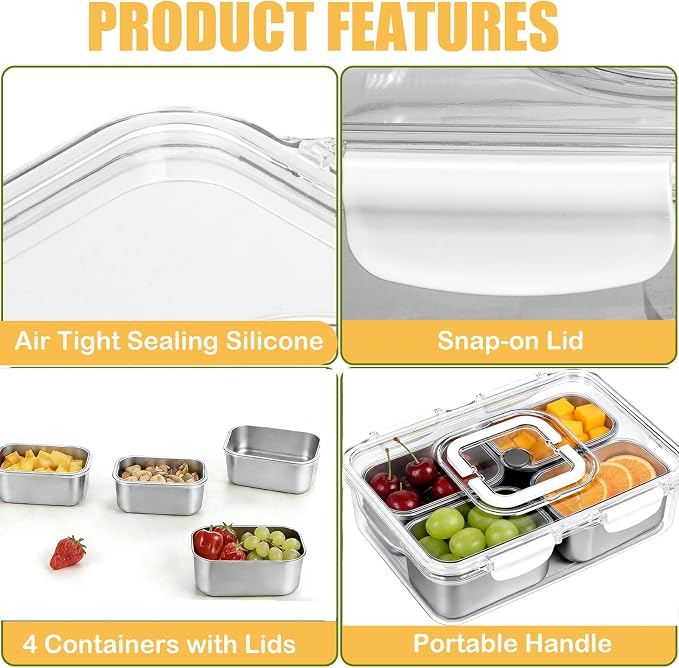 Snackle Box Container, Stainless Steel Divided Serving Tray with Lid and Handle, Large Snack Tray for Fruit Veggie Candy, 4-Compartment Snack Platter for Travel Party Beach Picnic