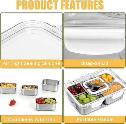 Snackle Box Container, Stainless Steel Divided Serving Tray with Lid and Handle, Large Snack Tray for Fruit Veggie Candy, 4-Compartment Snack Platter for Travel Party Beach Picnic