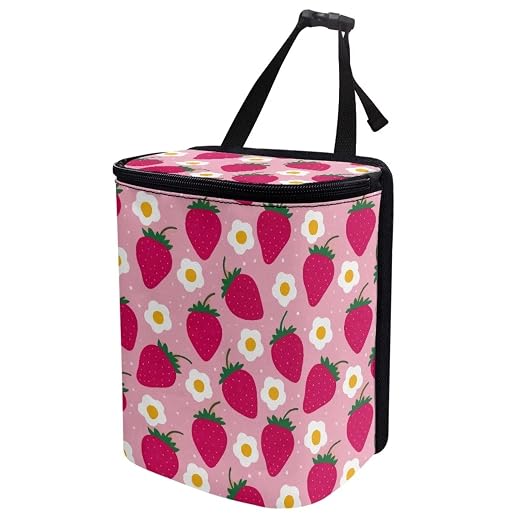 Talayituse Strawberry Flower Print Car Trash Bin, Laege Size Auto Trash Can Adjustable Portable Garbage Can with Lid, Vehicle Hanging Bag for Headrest Front Back Seat, Pink