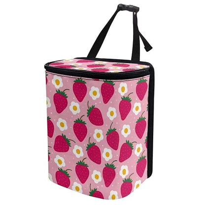 Talayituse Strawberry Flower Print Car Trash Bin, Laege Size Auto Trash Can Adjustable Portable Garbage Can with Lid, Vehicle Hanging Bag for Headrest Front Back Seat, Pink