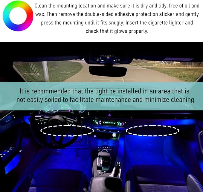 Yourkar Car LED Strip Light, 24 LED Interior Under Dash Atmosphere Lights with Cigarette Lighter, Vehicle Decor Lamp Ambient Night Light Strip Lighting, Universal Car Accessories (Blue)