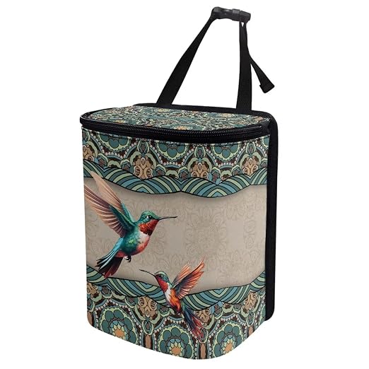 Talayituse Boho Mandala Hummingbird Print Car Trash Can, Portable Auto Garbage Bin Multifunctional Vehicle Interior Accessories with Adjustable Straps Universal Fit Truck SUV Sedan