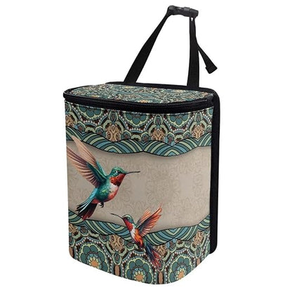 Talayituse Boho Mandala Hummingbird Print Car Trash Can, Portable Auto Garbage Bin Multifunctional Vehicle Interior Accessories with Adjustable Straps Universal Fit Truck SUV Sedan
