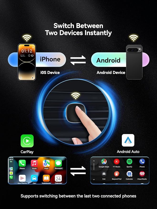 2-in-1 Wireless CarPlay Adapter USB C for Factory Wired CarPlay and Android Auto, One-Click Phone Switching, 5GHz WiFi Bluetooth 5.0 Auto Reconnect, Metallic Gray