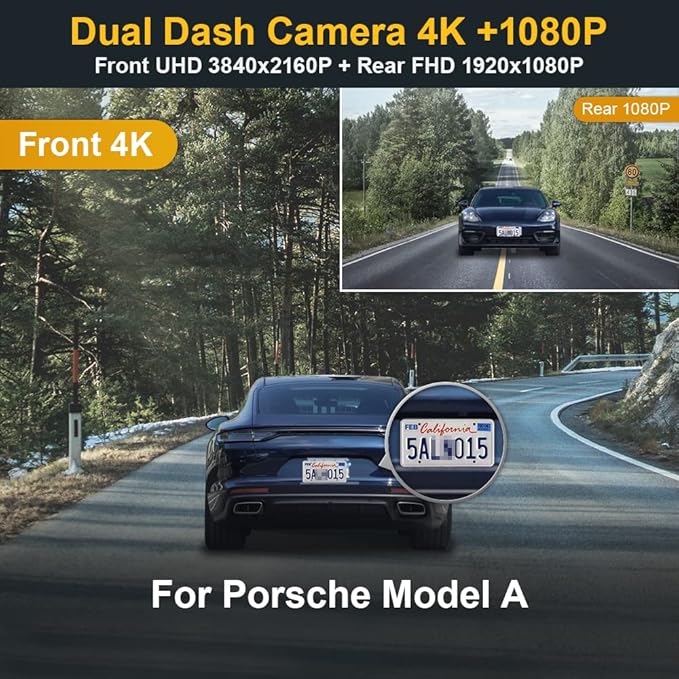 Fitcamx 4K Dual Dash Cam Adapts for Porsche 911 992 Cayenne 9YA 9Y0 9Y3 Panamera 971 Taycan (Model A), OEM Look, Front 2160P+Rear 1080 HD Video, WiFi & APP, Loop Recording, Parking Sensor, 128GB Card