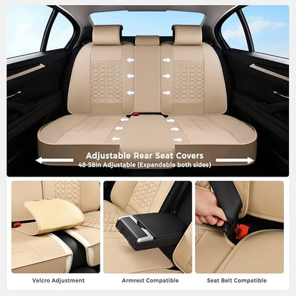 Huidasource Car Seat Covers, Beige Seat Covers Nappa Leather, Waterproof Automotive Seat Covers, Universal Seat Covers Full Set with Lumbar Support Fit for Most Cars SUV Trucks