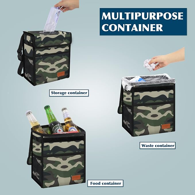 Car Trash Can Leak Proof Car Trash Bag Waterproof Car Garbage Can with Lid for SUV Front Seat Multipurpose Car Hanging for Headrest Collapsible and Portable with Storage Mesh Pocket– Camouflage