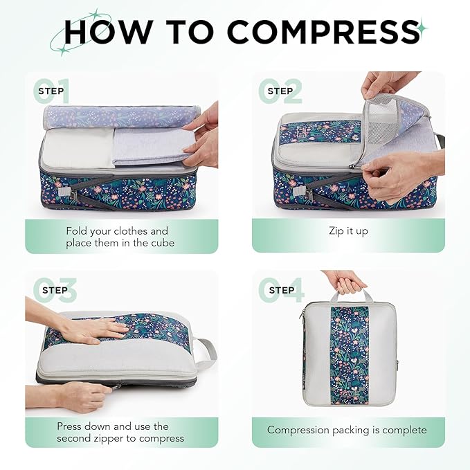 OlarHike 8 Set Compression Packing Cubes for Travel Essentials,Compressible Expandable Space Saver Bags for Organizing Clothes,Luggage Garment Bags with Over 1000 pcs Mesh Holes(Dark Blue Floral)