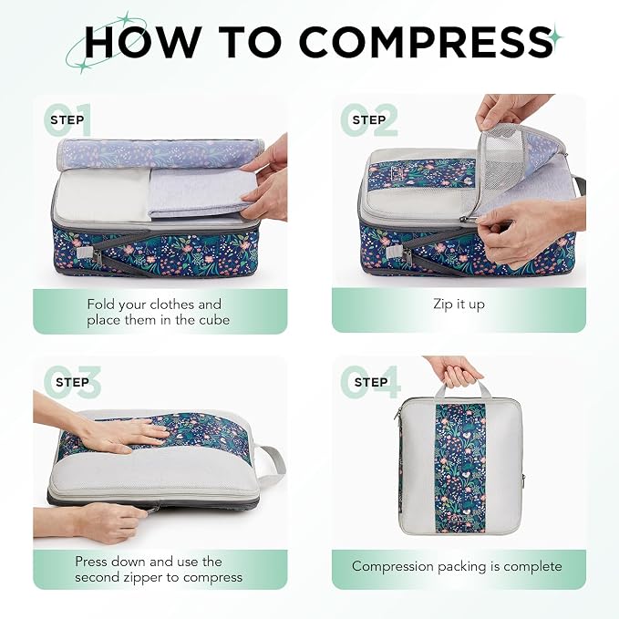 OlarHike 10-Pack Compression Packing Cubes for Travel Essentials,Compressible Expandable Storage Bags for Suitcase,Luggage Garment Bags for Travel,Handy Helper for Organizing Clothes(Dark Blue Floral)