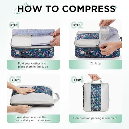 OlarHike 10-Pack Compression Packing Cubes for Travel Essentials,Compressible Expandable Storage Bags for Suitcase,Luggage Garment Bags for Travel,Handy Helper for Organizing Clothes(Dark Blue Floral)