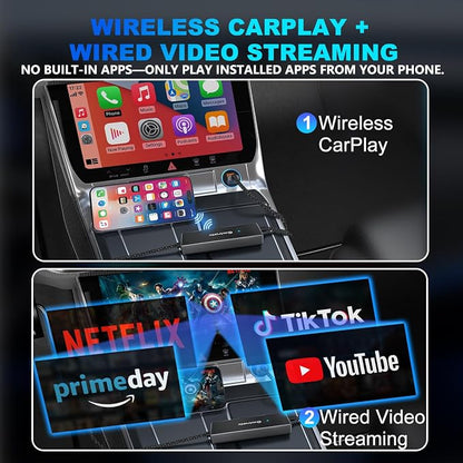 4-in-1 Wireless CarPlay Adapter for iPhone 15/16/17 & Newer, Wired Video Streaming, Screen Mirroring, Two-Way Control & Charging, Plug & Play for Factory Wired CarPlay (Gray)