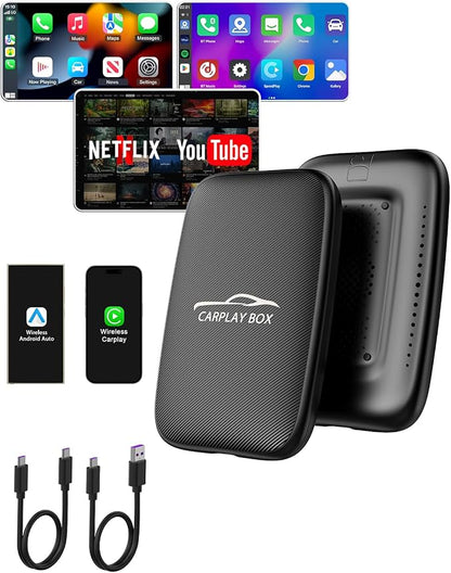 6-in-1 Android Auto Wireless Adapter and Apple CarPlay Adapter, Wireless Carplay Adapter with Netflix YouTube TF Card, Plug & Play, Easy Setup, Magic Ai Box for OEM Wired iPhone Car Play Cars