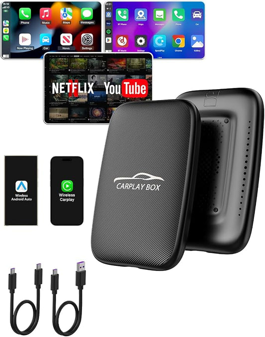6-in-1 Android Auto Wireless Adapter and Apple CarPlay Adapter, Wireless Carplay Adapter with Netflix YouTube TF Card, Plug & Play, Easy Setup, Magic Ai Box for OEM Wired iPhone Car Play Cars