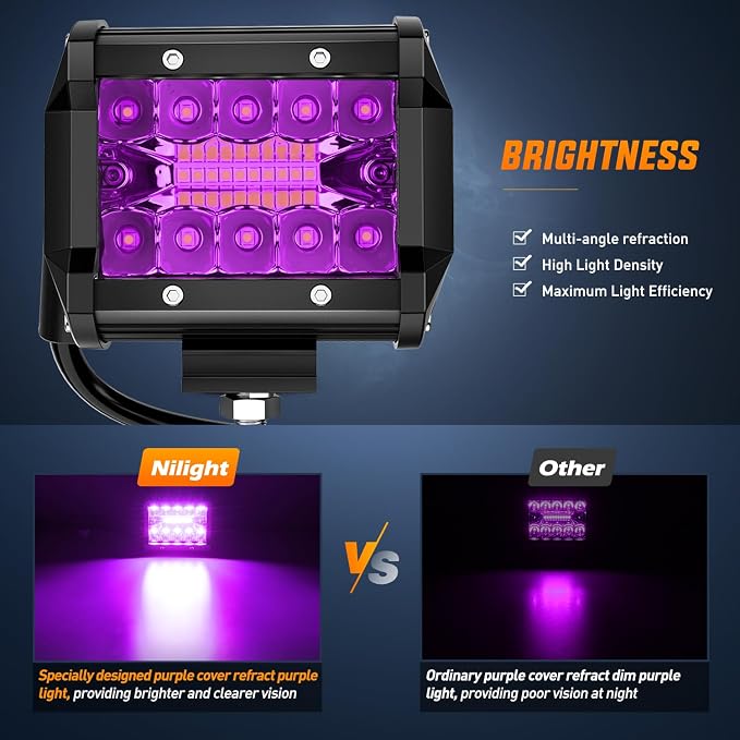 Nilight 4 Inch LED Light Pods Purple Triple Row 2PCS 60W Flood Spot Combo Off Road Driving Decoration Neon Hunting Lighting for UTV Pick-up Van Boat Tractor