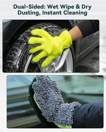 Car Wash Mitt, 2-Pack Microfiber Scratch Free Auto Detailing Supplies for Cleaning, Washing Dusting,Thickened 5-Finger Clean Gloves Design for Interior Exterior Cleaning Tight Spaces and Wheel