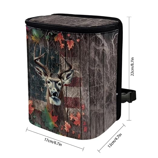 Talayituse Deer Wood American Flag Print Car Trash Can, Portable Auto Garbage Bin Multifunctional Vehicle Interior Accessories with Adjustable Straps Universal Fit Truck SUV Sedan