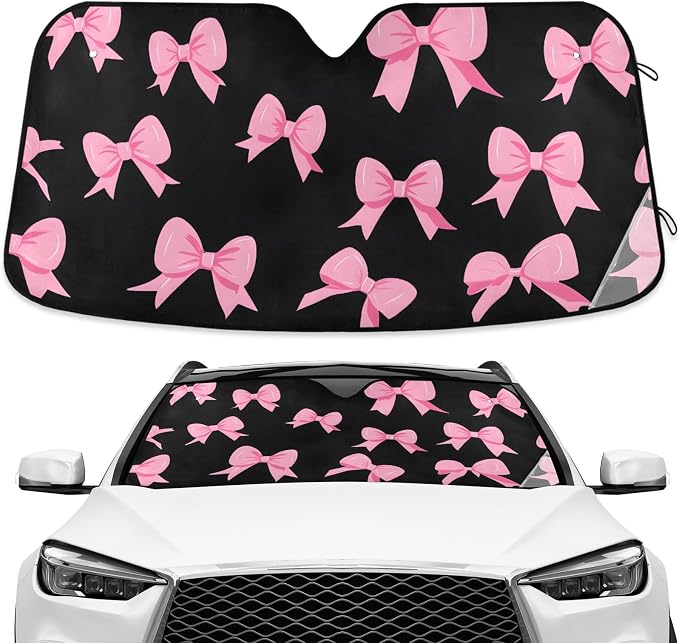 Pink Bow Black Windshield Sunshade Car Sun Shade Front Window Shade for Truck SUV Blocks UV Rays Sun Reflector Visor Protector Accordion Folding